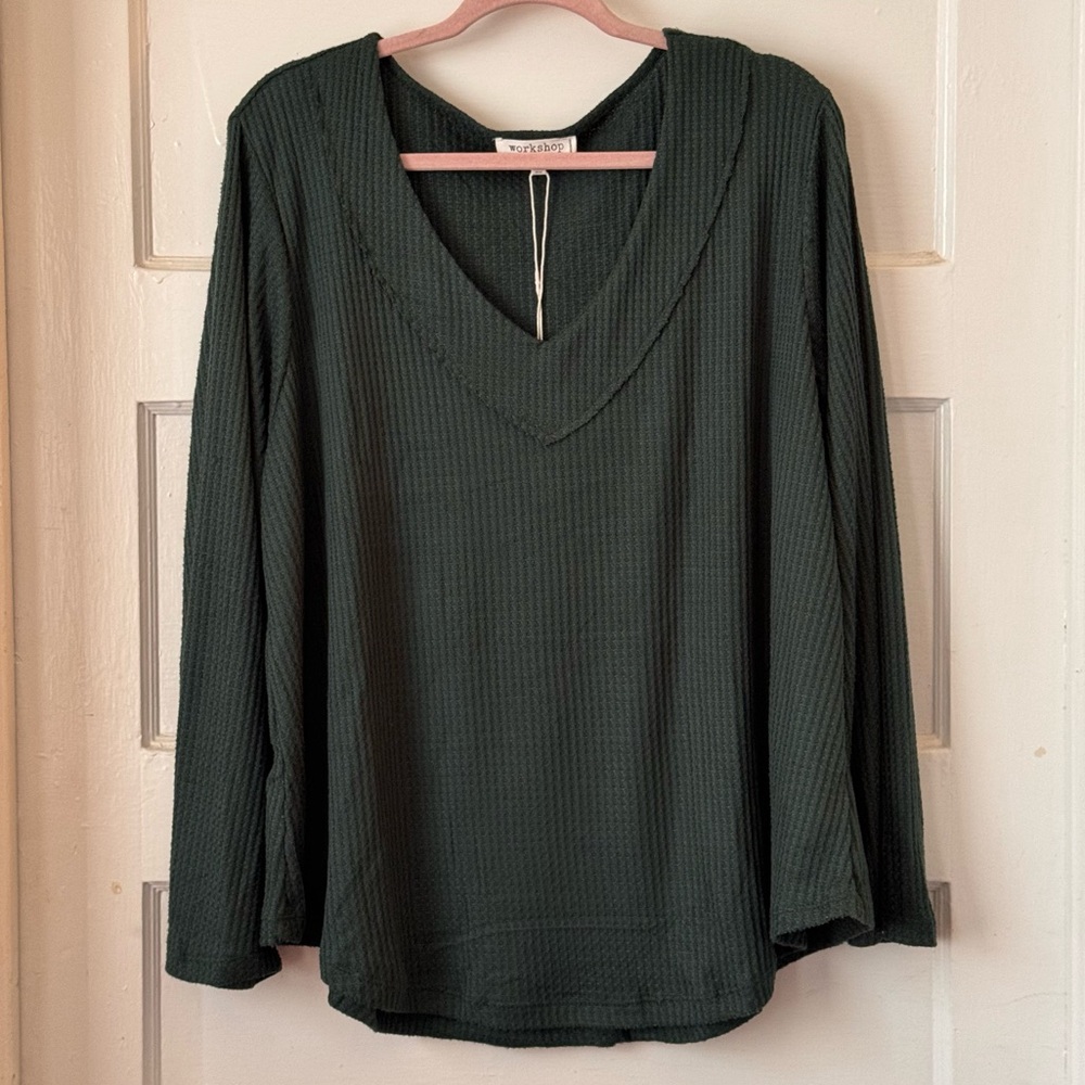 Workshop Emerald Green Textured V-Neck Long Sleeve Top Size 2X NWT